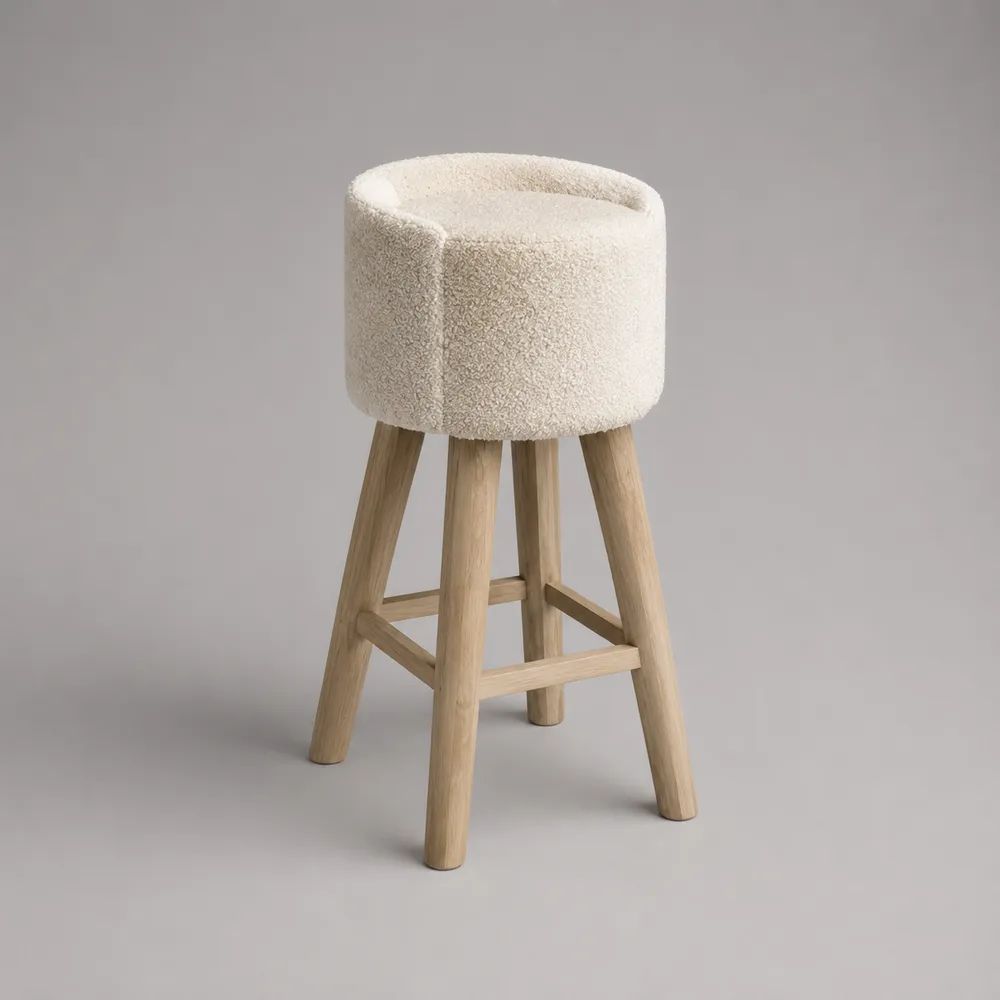 Sgabello da bar imbottito avorio con schienale curvo in tessuto bouclé e gambe in legno, 52 × 50 × 93 cm