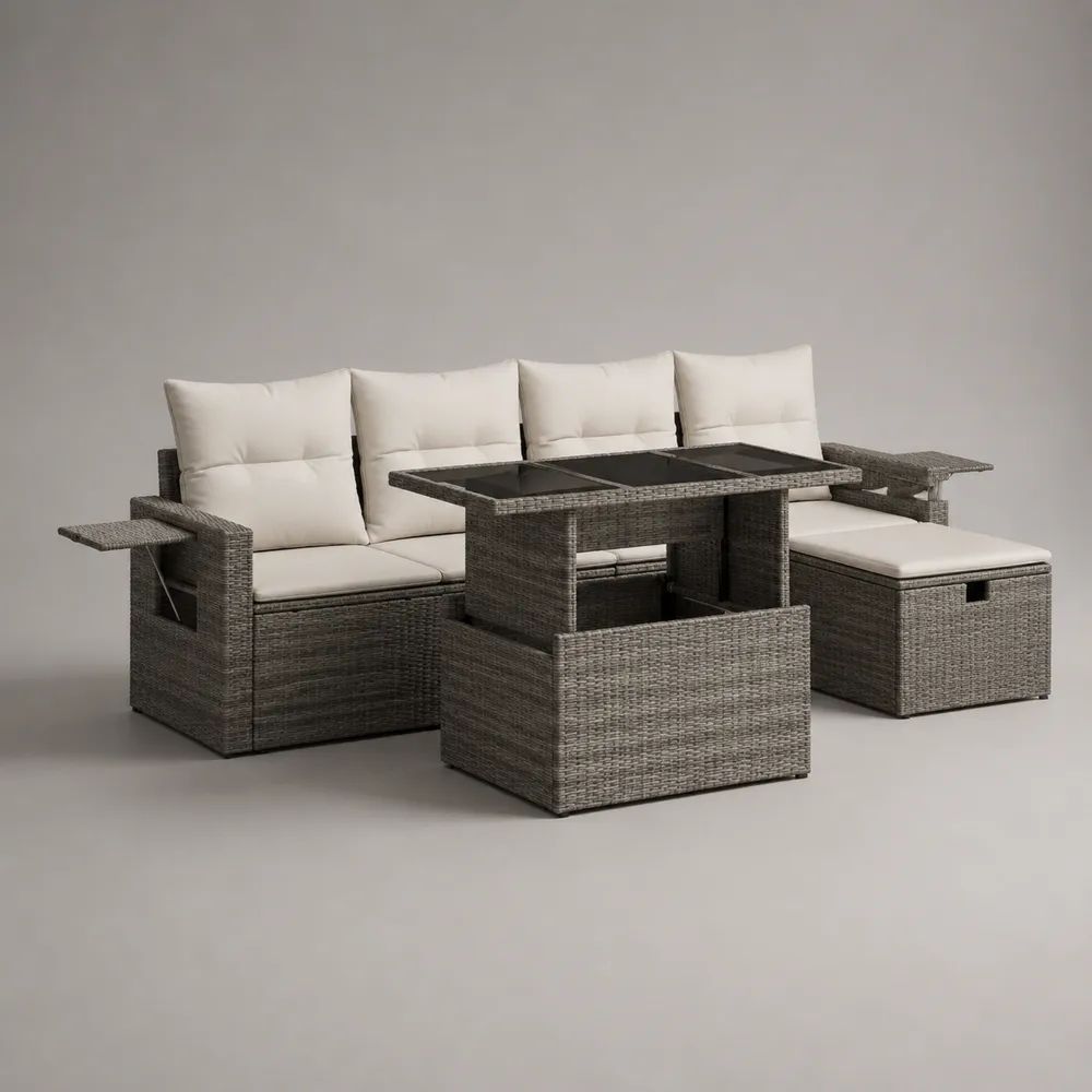 Set salotto da giardino 4 pezzi in rattan PE e acciaio grigio con cuscini beige, divano 229 x 74 x 88 cm, tavolo 120 x 70 x 66 cm e 2 pouf