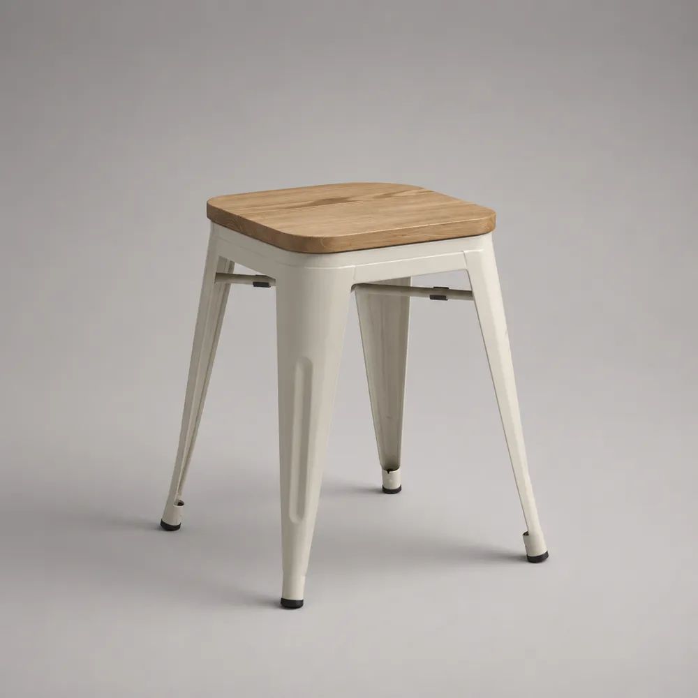Sgabello da bar quadrato bianco e naturale in acciaio e legno massello, 43 x 43 x 65 cm