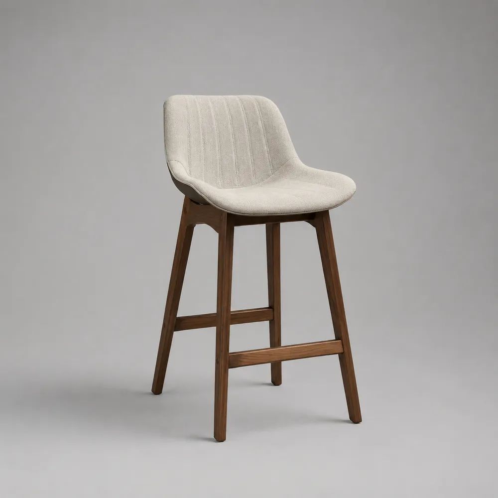 Sgabello da bar in tessuto con schienale e struttura in legno, beige e noce, 52 x 53 x 94 cm, altezza seduta 65 cm