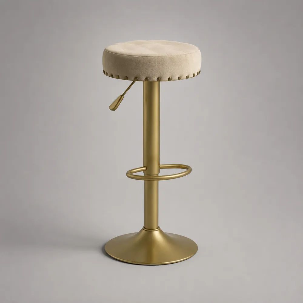 Sgabello da bar girevole e regolabile in metallo dorato con seduta rotonda in velluto beige, 41 x 41 x 62-82 cm