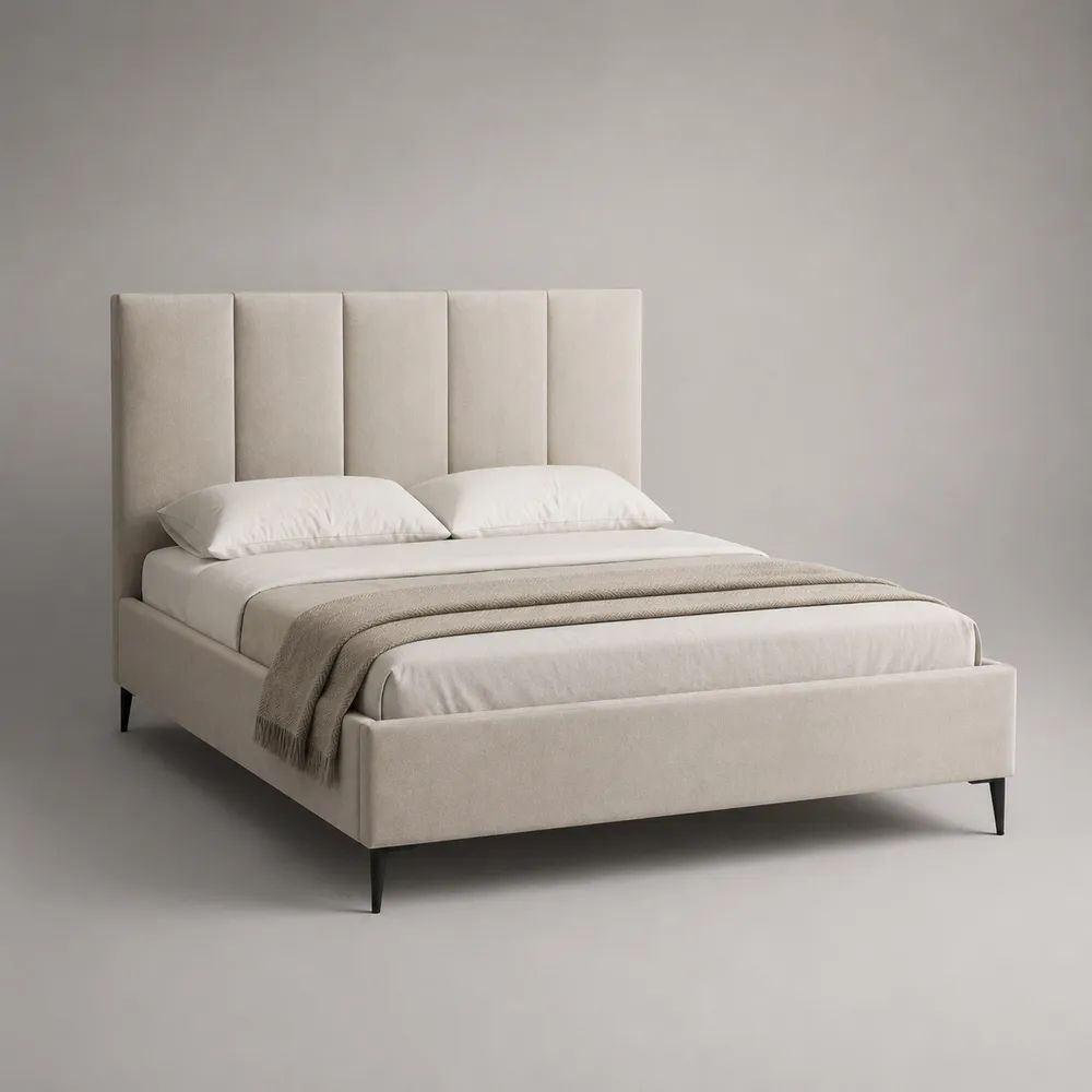 Letto matrimoniale contenitore beige in poliestere 172 x 215 x 120 cm, superficie 160 x 200 cm, rete a doghe e testiera imbottita