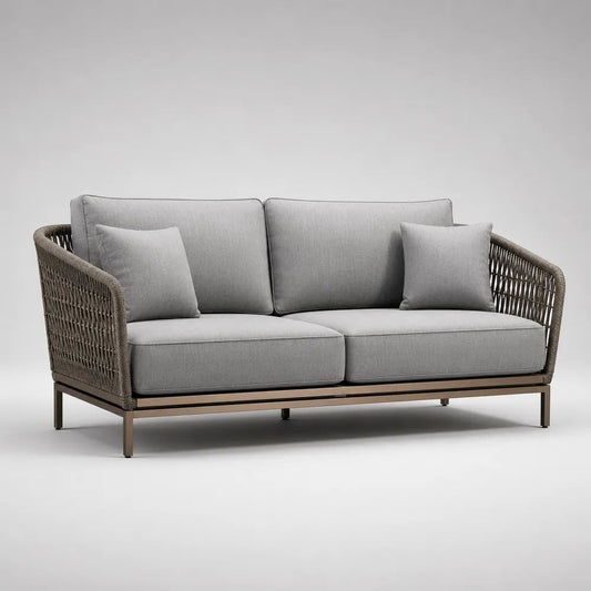 Divano da giardino rettangolare a 2 posti in corda PE e acciaio con cuscini grigio chiaro, struttura tortora e bronzo, 160 x 80 x 80 cm