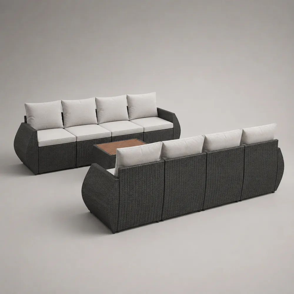Set salotto da giardino 9 pezzi in polyrattan grigio scuro con 2 divani a 4 posti e tavolino, cuscini grigio chiaro, divani 280 x 78 x 78 cm, tavolino 100 x 60 x 42 cm
