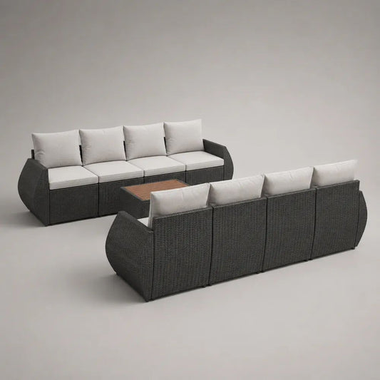 Set salotto da giardino 9 pezzi in polyrattan grigio scuro con 2 divani a 4 posti e tavolino, cuscini grigio chiaro, divani 280 x 78 x 78 cm, tavolino 100 x 60 x 42 cm