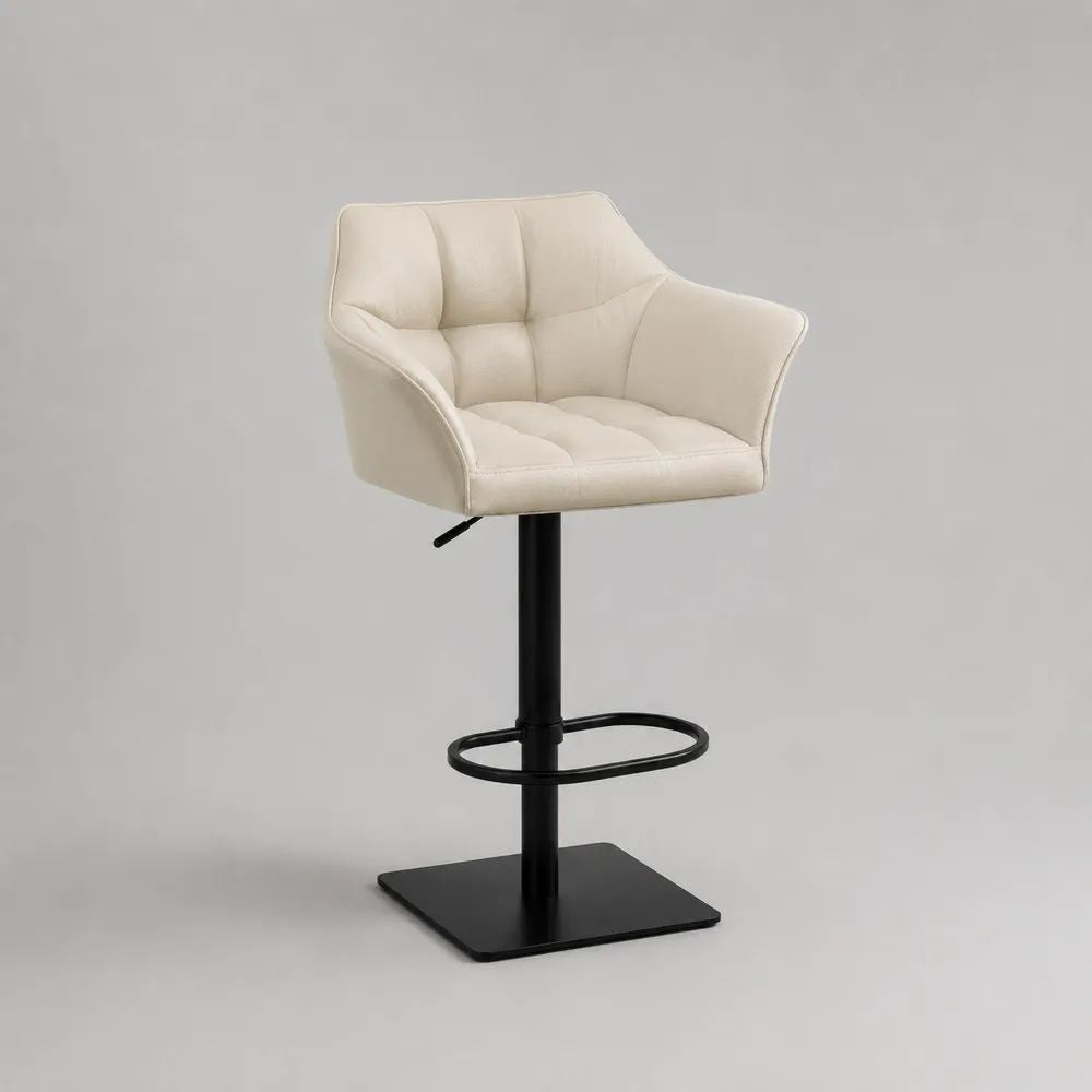 Sgabello da bar girevole e regolabile con seduta imbottita in poliestere beige e struttura in acciaio nero, 55 x 52 x 93-113 cm