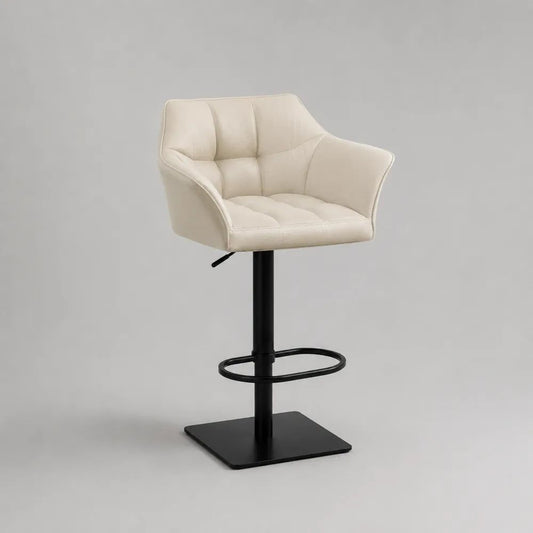 Sgabello da bar girevole e regolabile con seduta imbottita in poliestere beige e struttura in acciaio nero, 55 x 52 x 93-113 cm