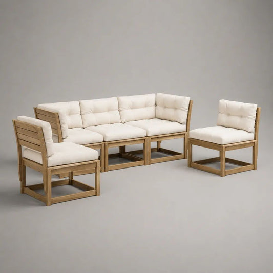 Salotto da giardino modulare 5 pezzi in legno massello di acacia con cuscini crema, 330 x 140 x 76 cm