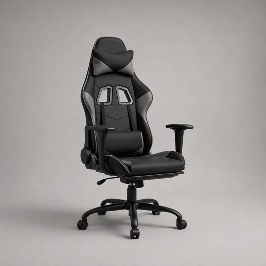 Sedia gaming reclinabile in pelle PU nera e grigia con poggiapiedi e braccioli regolabili, 68 x 67 x 123-131 cm