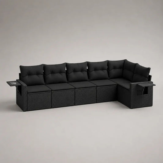 Salotto da giardino modulare a L 6 posti nero in rattan PE, acciaio e vetro, 340 × 160 × 74 cm