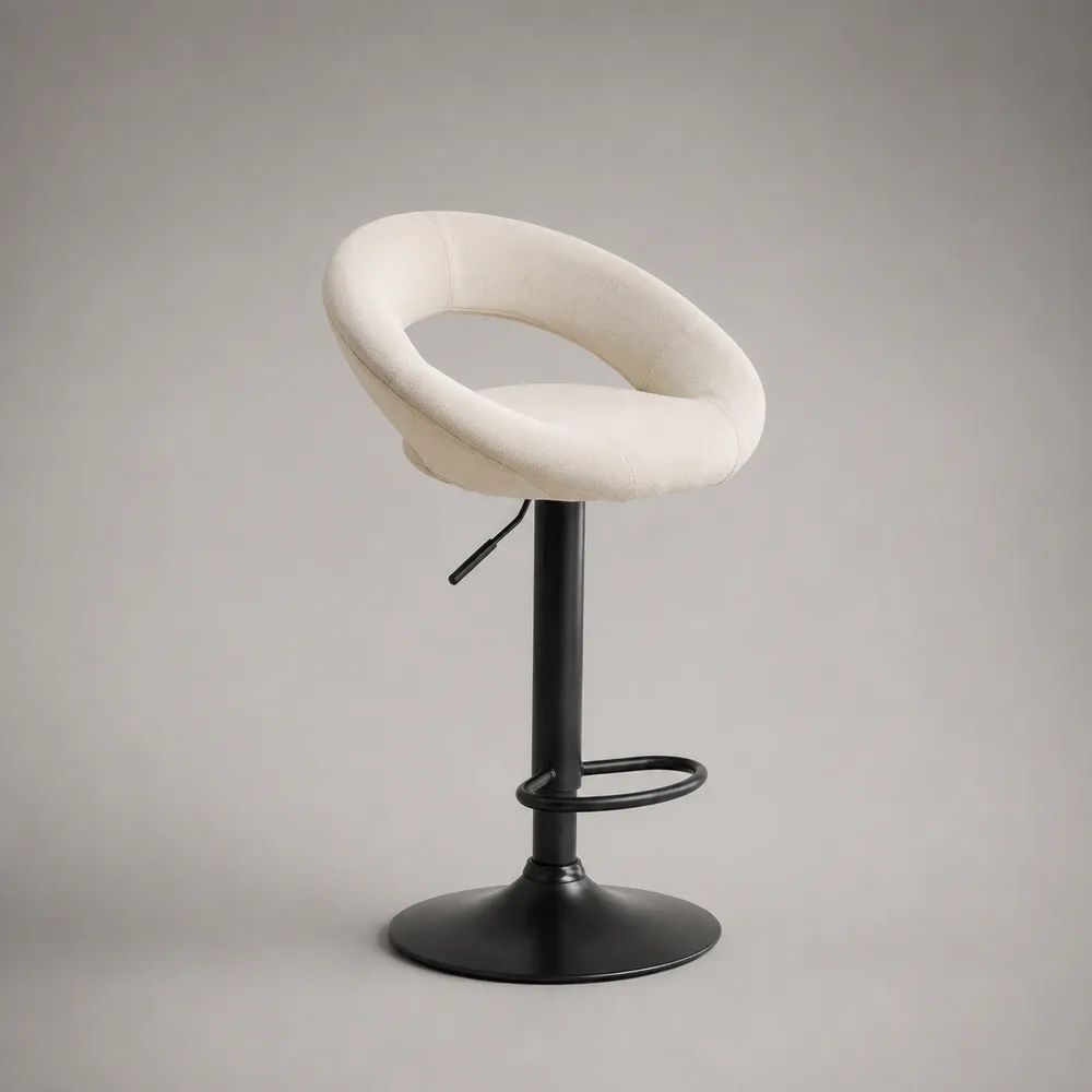 Sgabello da bar regolabile e girevole in tessuto bouclé bianco crema con base in acciaio nero, 52 x 48 x 79-100 cm