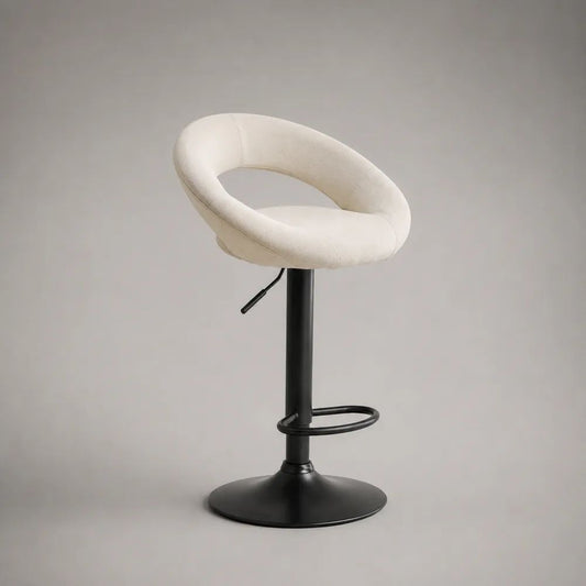 Sgabello da bar regolabile e girevole in tessuto bouclé bianco crema con base in acciaio nero, 52 x 48 x 79-100 cm