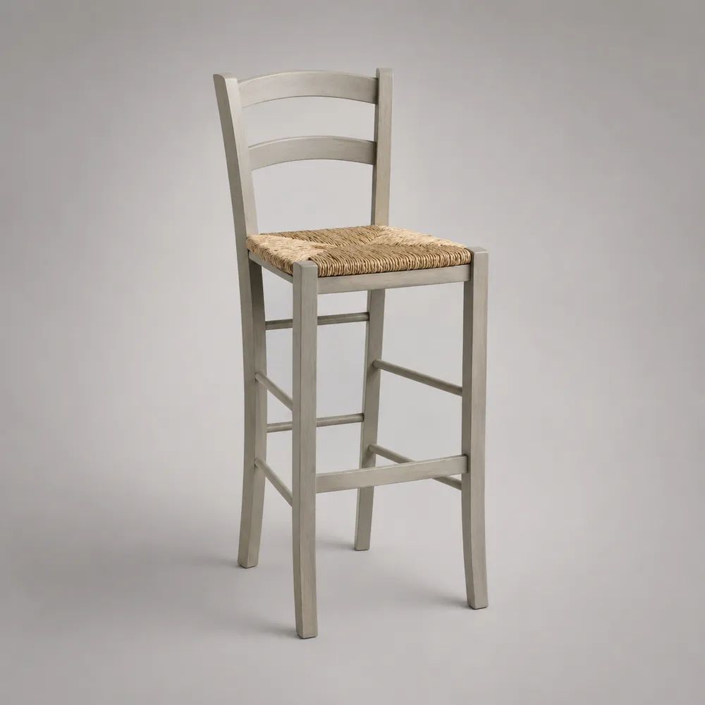 Sgabello da bar con schienale in legno massello e seduta in giunco intrecciato, grigio chiaro/naturale, 43 x 47 x 105 cm, altezza seduta 75 cm