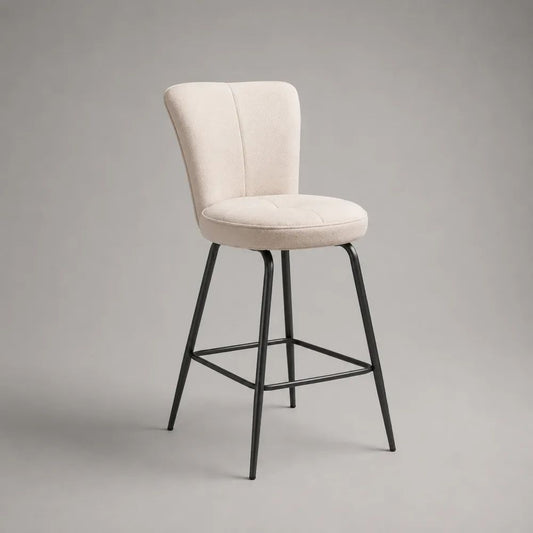 Sgabello da bar alto bianco crema in tessuto bouclé con schienale imbottito e gambe in acciaio nero, 48 x 53 x 103 cm