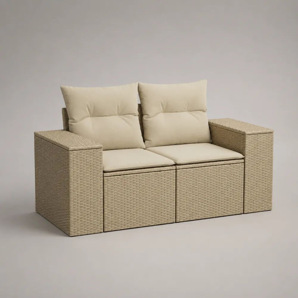 Set divano modulare da esterno 4 pezzi a 2 posti in polyrattan PE beige con cuscini crema, 190 x 75 x 85 cm