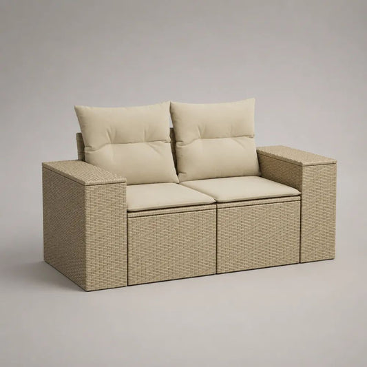 Set divano modulare da esterno 4 pezzi a 2 posti in polyrattan PE beige con cuscini crema, 190 x 75 x 85 cm
