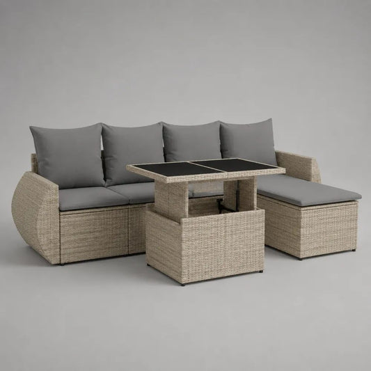 Set salotto angolare da esterno con penisola e tavolo rialzabile in polyrattan beige, cuscini grigio scuro, 227 x 172 x 74 cm
