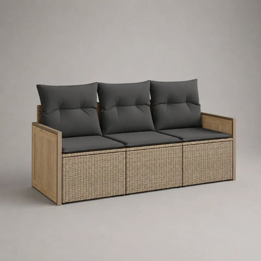 Divano da esterno a 3 posti in rattan PE e legno massello, beige naturale e antracite, 190 x 75 x 80 cm