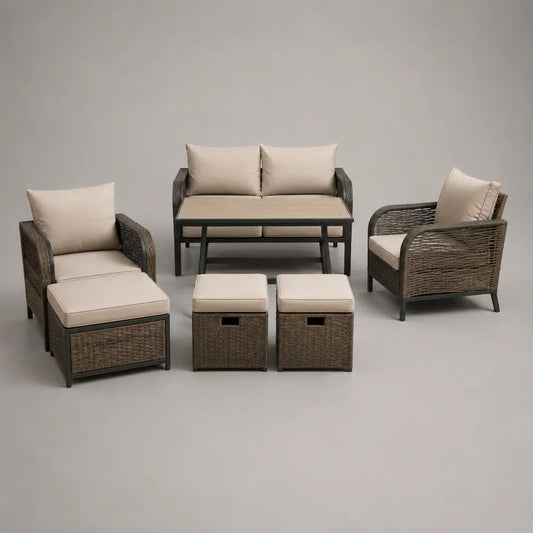 Set salotto da giardino 7 pezzi in rattan PE tortora con cuscini beige, divano 134 x 72 x 78 cm e tavolo 118 x 65 x 67 cm