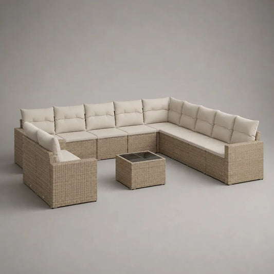 Set divano modulare da esterno a U 9 pezzi in polyrattan PE beige con cuscini crema e tavolino, 290 x 220 x 74 cm