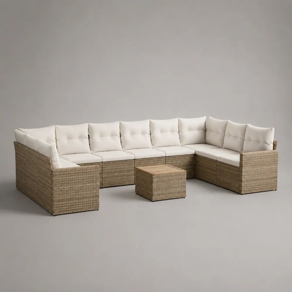 Salotto da giardino a U 8 posti in polyrattan PE beige con cuscini crema e tavolino, 300 x 210 x 74 cm