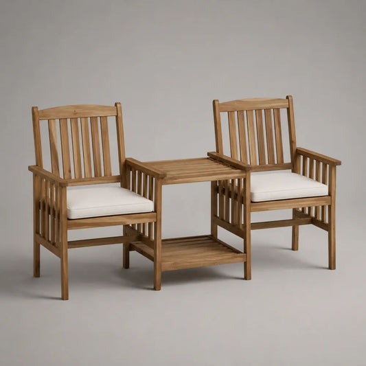 Panca da giardino a 2 posti con tavolino integrato in legno massello marrone e cuscini crema, 164 x 63 x 89 cm