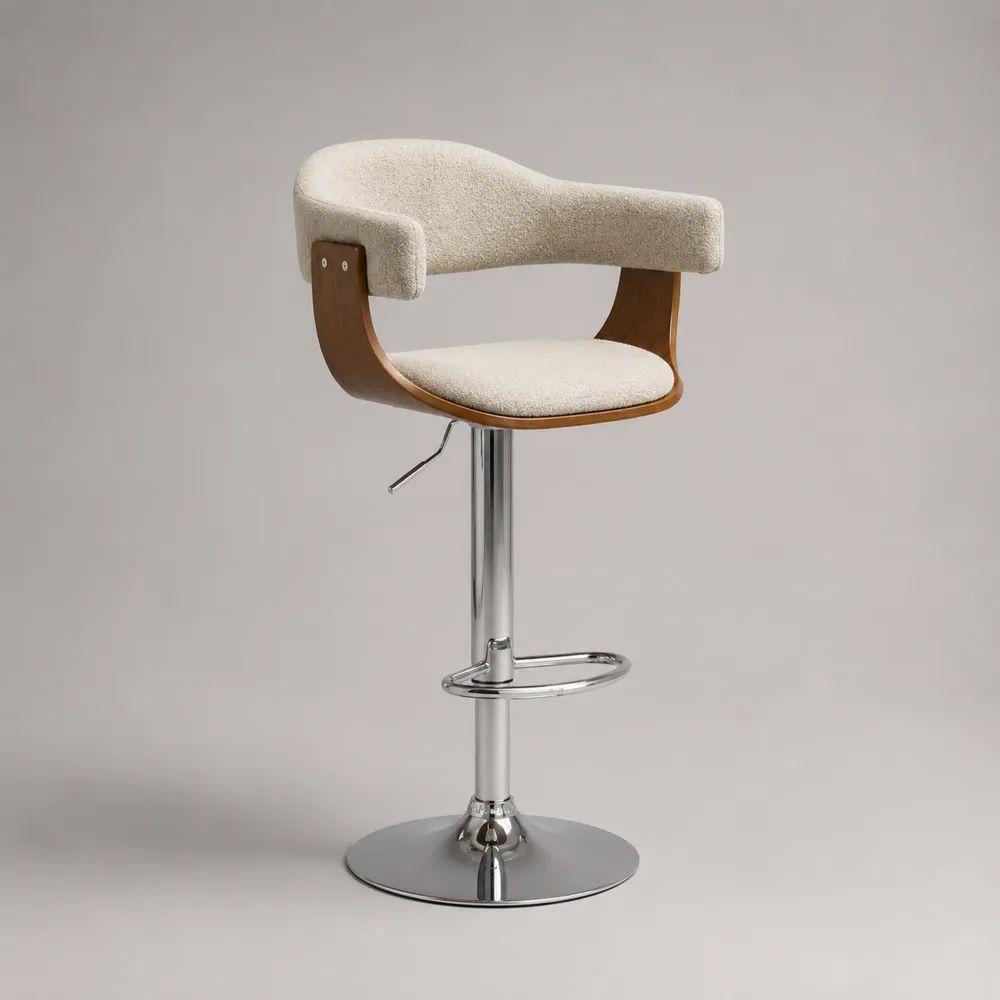 Sgabello da bar girevole regolabile con braccioli in tessuto, legno e acciaio, crema/marrone/argento, 55 x 52 x 88-108 cm
