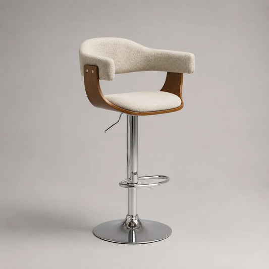 Sgabello da bar girevole regolabile con braccioli in tessuto, legno e acciaio, crema/marrone/argento, 55 x 52 x 88-108 cm