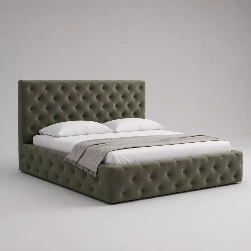 Letto matrimoniale contenitore 160 x 200 cm in velluto verde oliva con lavorazione capitonné
