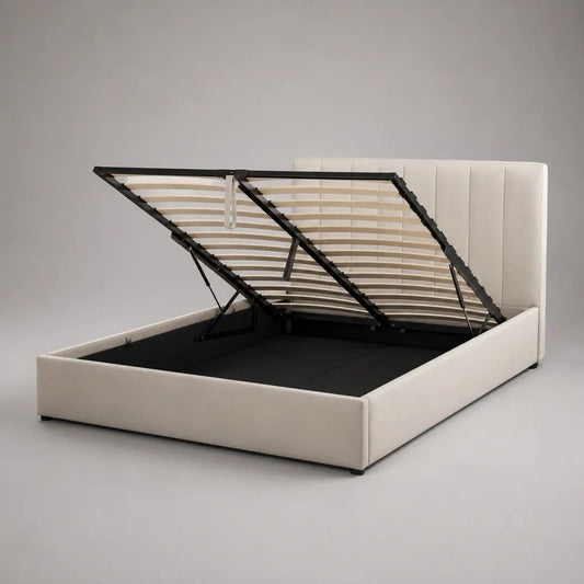 Letto matrimoniale contenitore imbottito beige chiaro con rete a doghe, per materasso 160 x 200 cm, 174 x 215 x 112 cm