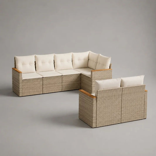 Salotto da giardino a 6 posti in rattan PE beige con cuscini crema, divano angolare 247 x 137 x 73 cm e divano a 2 posti 126 x 70 x 73 cm