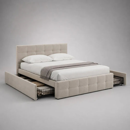 Letto matrimoniale contenitore imbottito beige e nero 218 x 178 x 110 cm, piano letto 160 x 200 cm, rete a doghe e 2 cassetti laterali