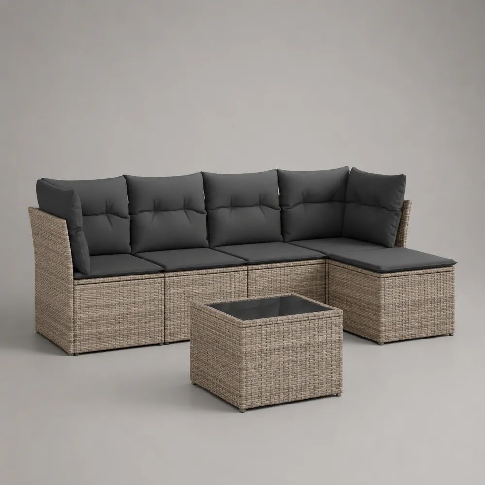 Salotto da giardino angolare a 4 posti in polyrattan beige con cuscini grigio antracite, divano 240 x 175 x 74 cm e tavolino 65 x 65 x 37 cm