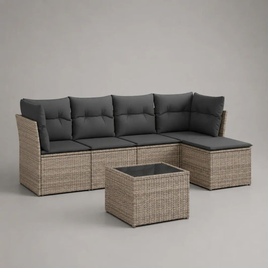 Salotto da giardino angolare a 4 posti in polyrattan beige con cuscini grigio antracite, divano 240 x 175 x 74 cm e tavolino 65 x 65 x 37 cm