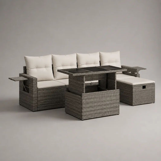 Set salotto da giardino 4 pezzi in rattan PE e acciaio grigio con cuscini beige, divano 229 x 74 x 88 cm, tavolo 120 x 70 x 66 cm e 2 pouf