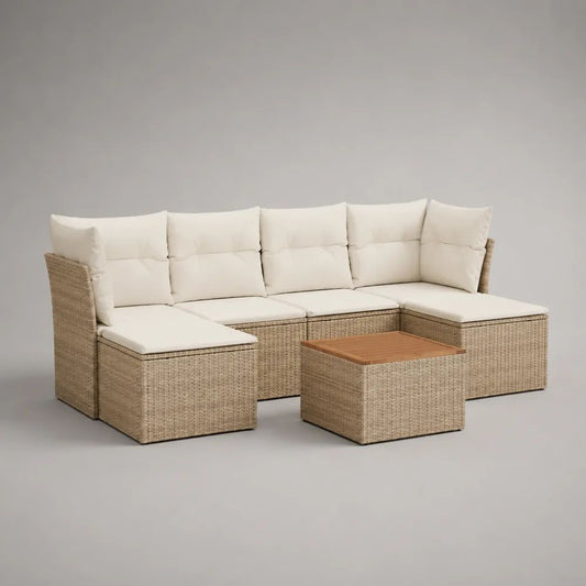 Set divano da giardino a U 5 posti in rattan PE e acciaio con tavolino, beige, crema e marrone, 280 x 170 x 75 cm