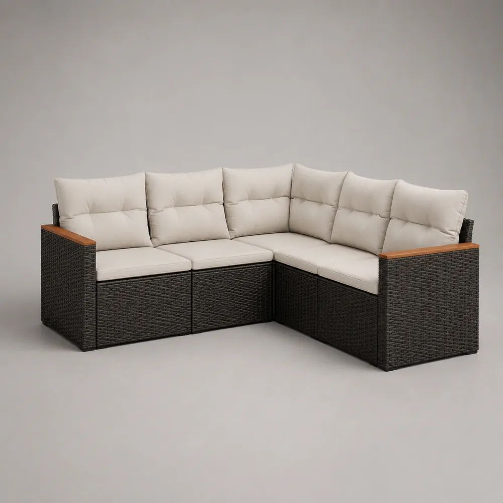 Set divano angolare da esterno a 5 posti in polyrattan PE antracite con cuscini crema, 220 x 172 x 74 cm