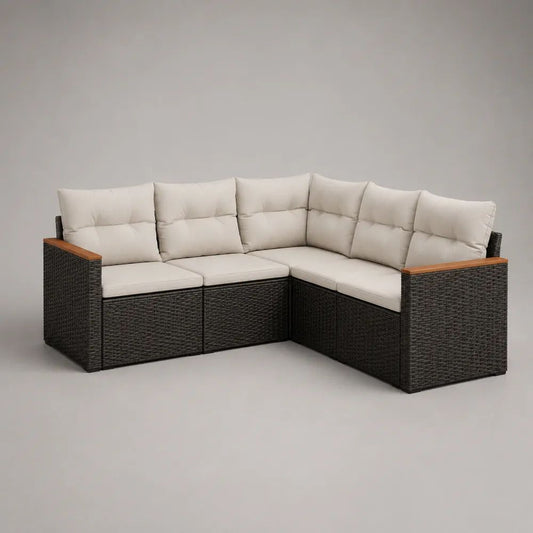 Set divano angolare da esterno a 5 posti in polyrattan PE antracite con cuscini crema, 220 x 172 x 74 cm