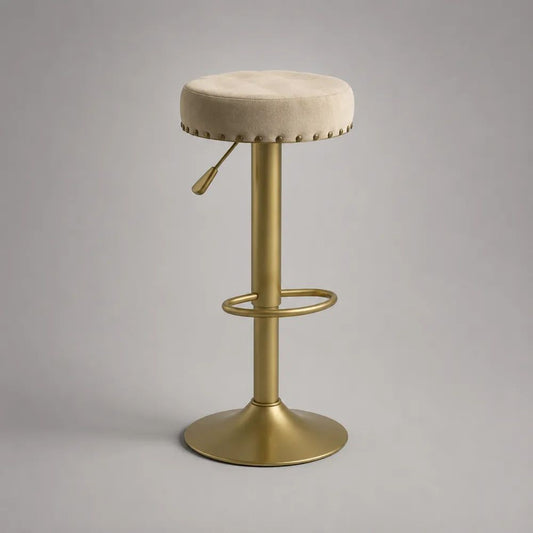 Sgabello da bar girevole e regolabile in metallo dorato con seduta rotonda in velluto beige, 41 x 41 x 62-82 cm