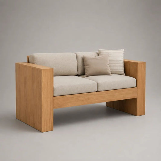 Divano rettangolare da esterno a 2 posti in legno massello di acacia con cuscini beige, 150 × 80 × 78 cm