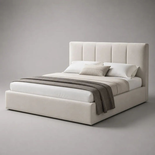 Letto matrimoniale imbottito beige con contenitore, rete sollevabile e testiera a pannelli, materasso 160 × 200 cm, dimensioni 180 × 218 × 120 cm