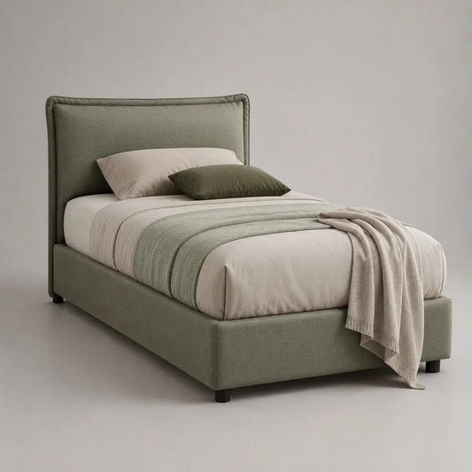 Letto singolo contenitore verde salvia in tessuto con testiera imbottita e rete 90 x 200 cm