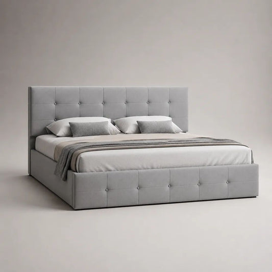 Letto matrimoniale contenitore 160 × 200 cm grigio chiaro in velluto con testiera capitonné, 218 × 174 × 120 cm