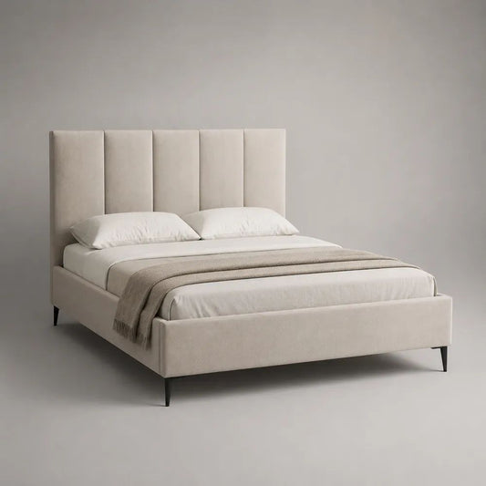 Letto matrimoniale contenitore beige in poliestere 172 x 215 x 120 cm, superficie 160 x 200 cm, rete a doghe e testiera imbottita